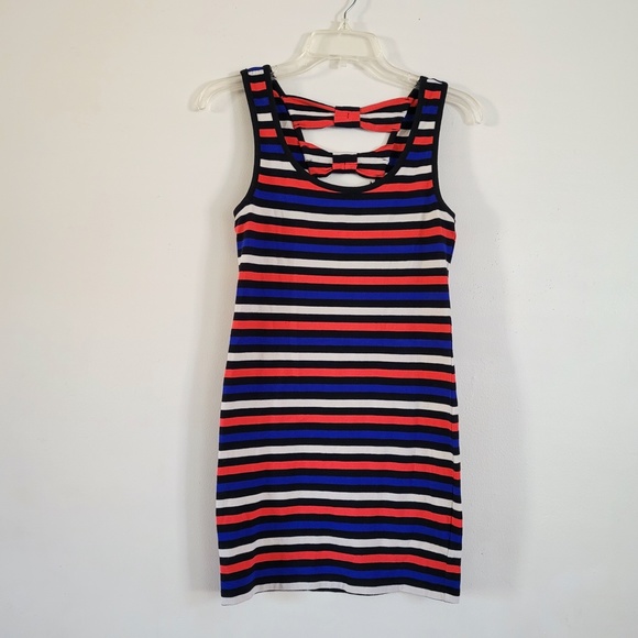 Y2K Forever 21 Striped Bodycon Dress Bows Cutout Coral Blue‎ XXI Small - Picture 12 of 12